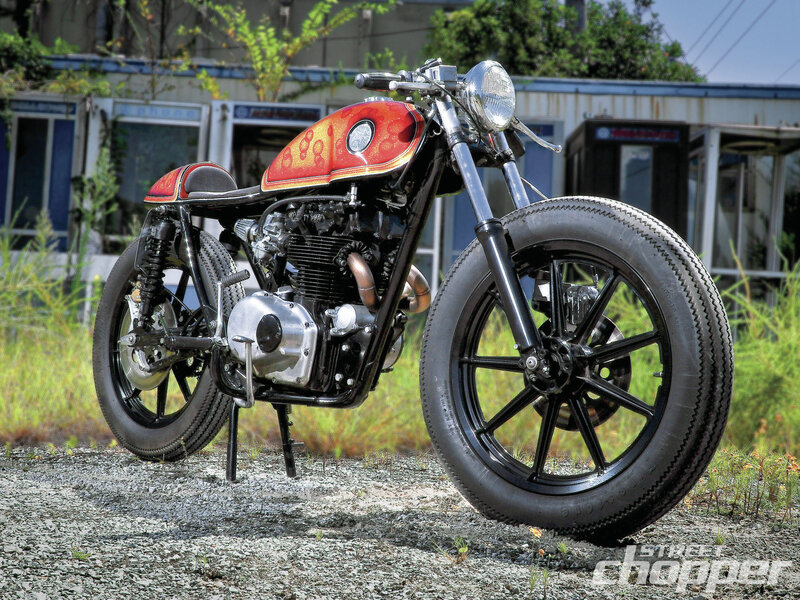 Custom Chopper Motorcycle — Red, Dramatic, Afternoon, Photograph