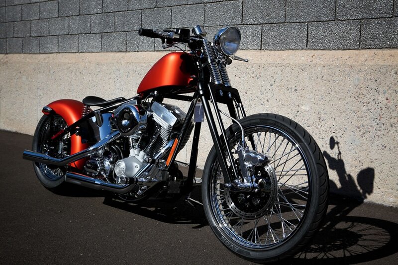 Custom Chopper Motorcycle — Red, Dramatic, Afternoon, Photograph, Wall