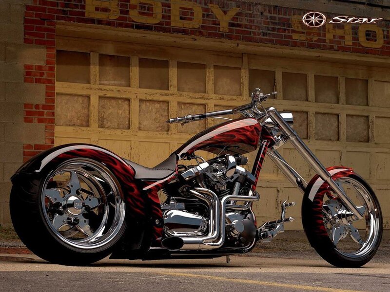 Custom Chopper Motorcycle — Red, Dramatic, Afternoon