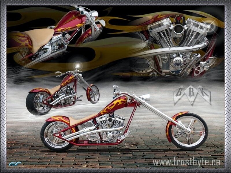 Custom Chopper Motorcycle — Red, Dramatic, Digital Art, Flames