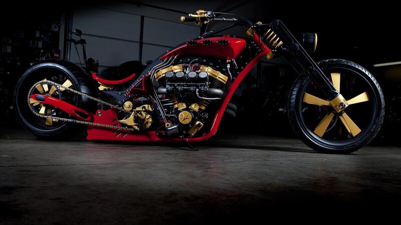 Custom Chopper Motorcycle — Red, Dramatic, Night, Photograph, Engine, Wheels, Frame