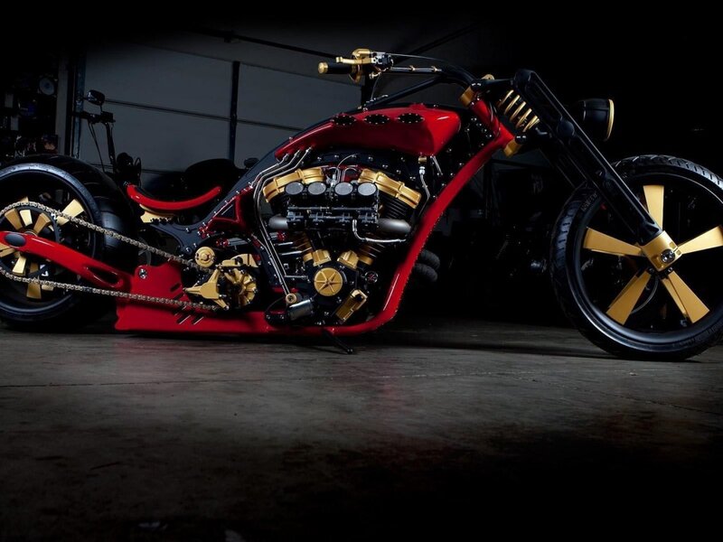 Custom Chopper Motorcycle — Red, Dramatic, Night, Photograph