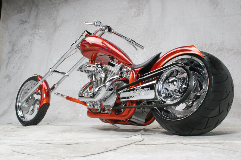 Custom Chopper Motorcycle — Red, Dramatic, Photograph, Chrome Engine