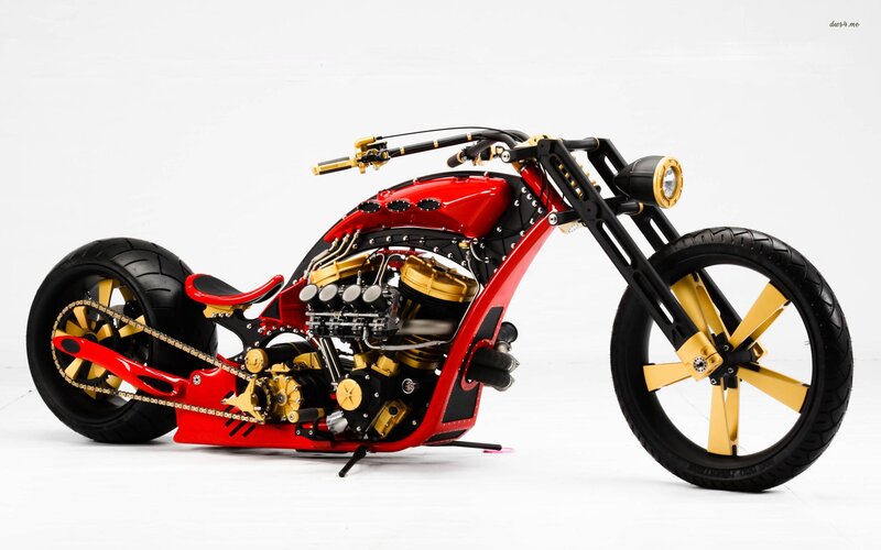 Custom Chopper Motorcycle — Red, Dramatic, Photograph, Engine, Seat