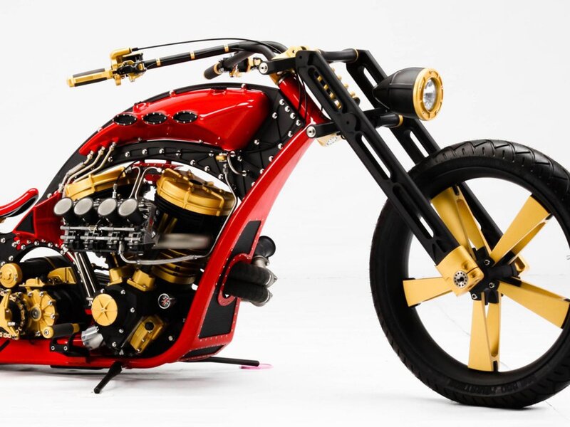 Custom Chopper Motorcycle — Red, Dramatic, Photograph, Engine, Wheel