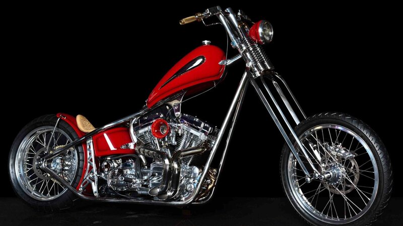 Custom Chopper Motorcycle — Red, Dramatic, Photograph, Fuel Tank
