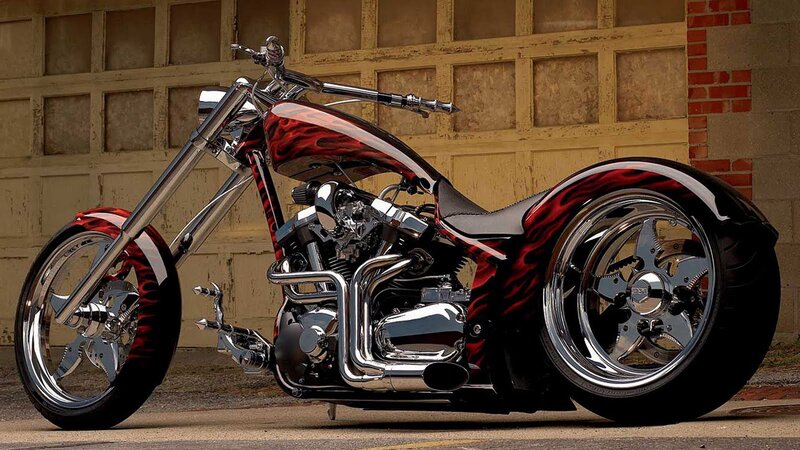 Custom Chopper Motorcycle — Red, Dramatic, Photograph, Garage Door