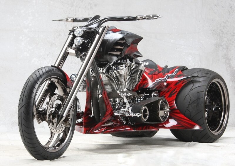 Custom Chopper Motorcycle — Red, Dramatic, Photograph