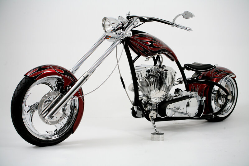 Custom Chopper Motorcycle — Red, Neutral, Photograph, Engine, Seat