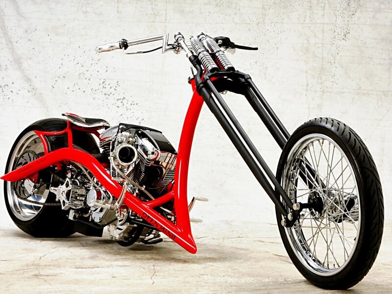Custom Chopper Motorcycle — Red, Neutral, Photograph, Engine