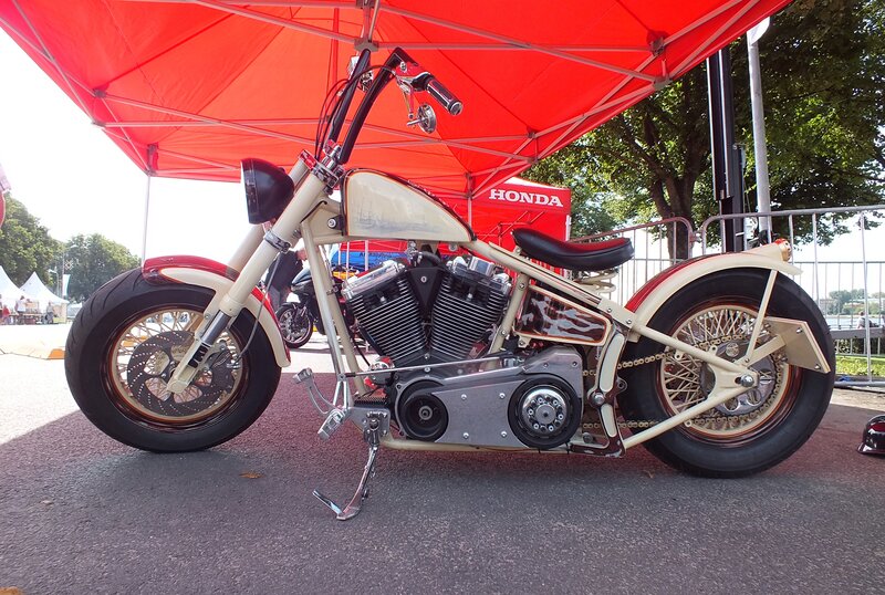 Custom Chopper Motorcycle — Red, Outdoor, Afternoon