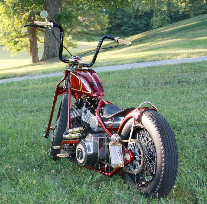 Custom Chopper Motorcycle — Red, Serene, Afternoon, Photograph