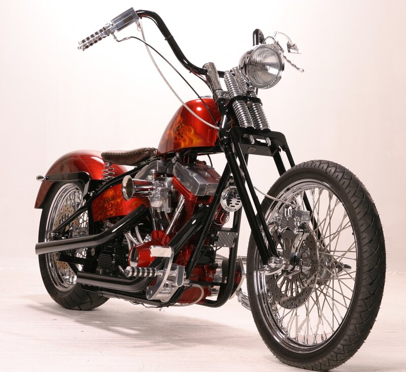 Custom Chopper Motorcycle — Red, Showcase, Photograph, Flame Design