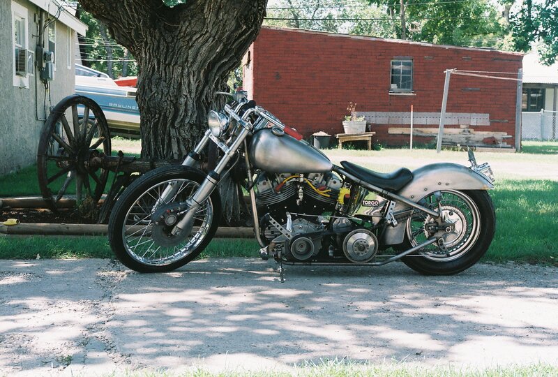 Custom Chopper Motorcycle — Silver, Calm, Afternoon, Photograph, Tree