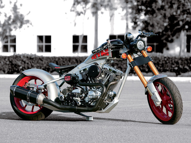 Custom Chopper Motorcycle — Silver, Dramatic, Afternoon, Photograph, Building