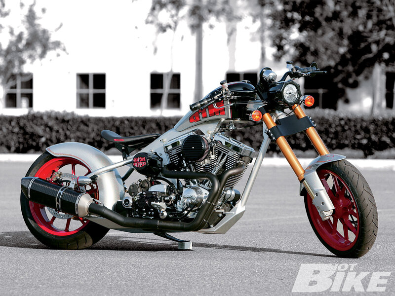 Custom Chopper Motorcycle — Silver, Dramatic, Afternoon, Photograph, Building, Trees