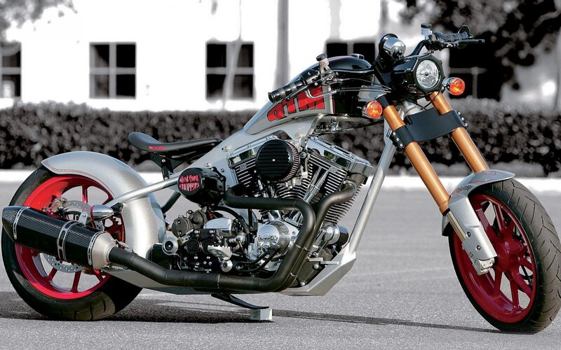 Custom Chopper Motorcycle — Silver, Dramatic, Afternoon, Photograph, Engine, Exhaust