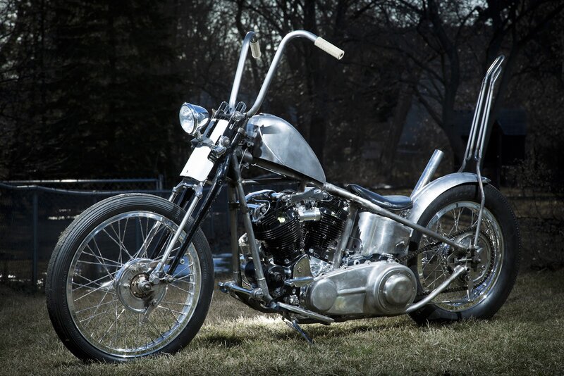 Custom Chopper Motorcycle — Silver, Dramatic, Afternoon, Photograph, Trees