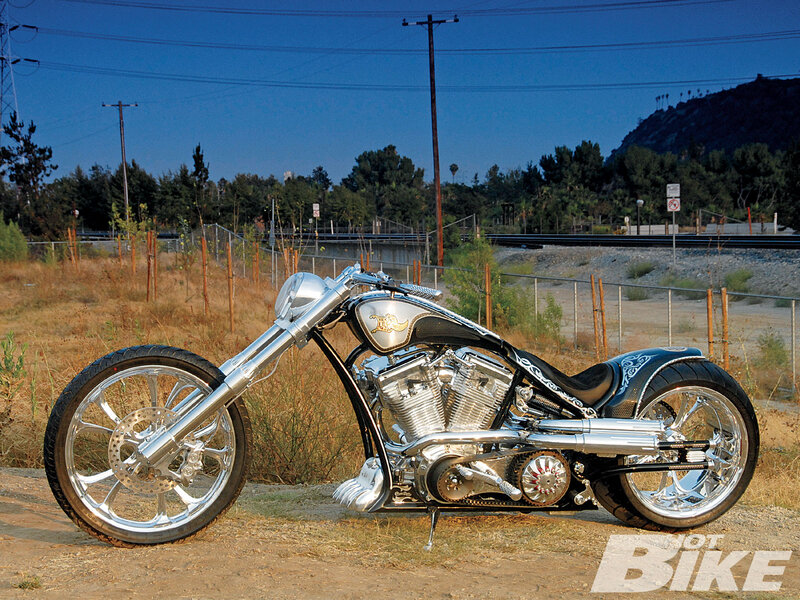 Custom Chopper Motorcycle — Silver, Dramatic, Afternoon