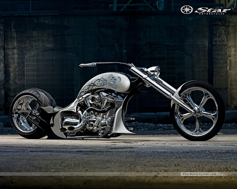 Custom Chopper Motorcycle — Silver, Dramatic, Photograph, Concrete Wall
