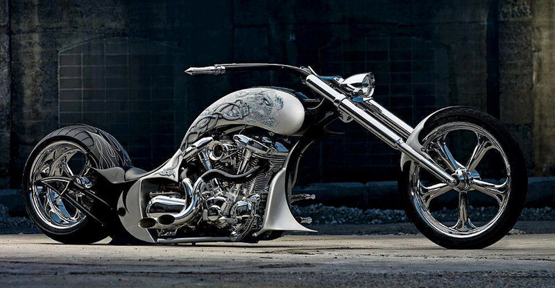 Custom Chopper Motorcycle — Silver, Dramatic, Photograph, Engine