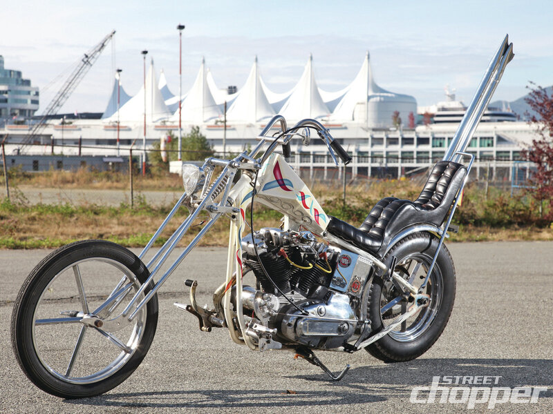 Custom Chopper Motorcycle — Silver, Outdoor, Afternoon, Photograph, Crane