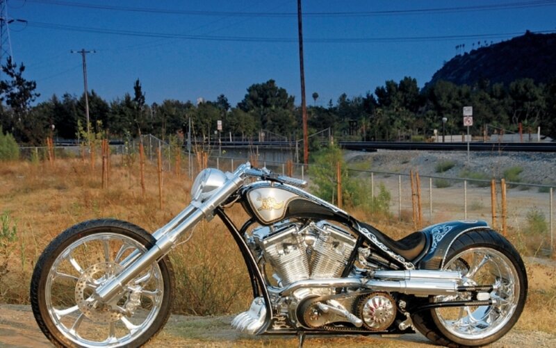 Custom Chopper Motorcycle — Silver, Outdoor, Afternoon, Photograph
