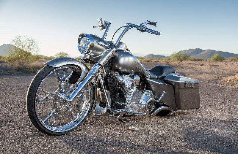 Custom Chopper Motorcycle — Silver, Serene, Afternoon