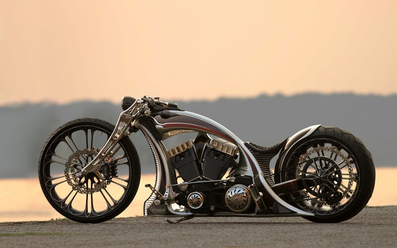 Custom Chopper Motorcycle — Silver, Serene, Sunset, Photograph