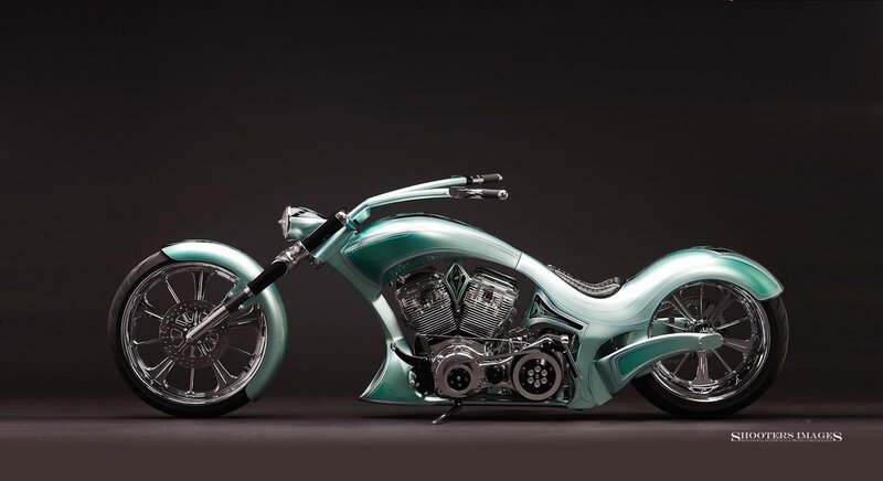 Custom Chopper Motorcycle — Teal, Dramatic, Photograph