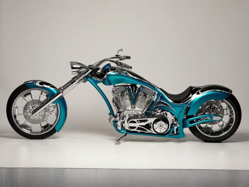 Custom Chopper Motorcycle — Teal, Neutral, Photograph, Engine