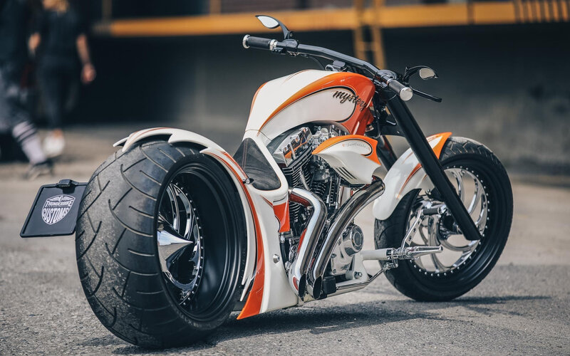 Custom Chopper Motorcycle — White, Dramatic, Afternoon, Photograph