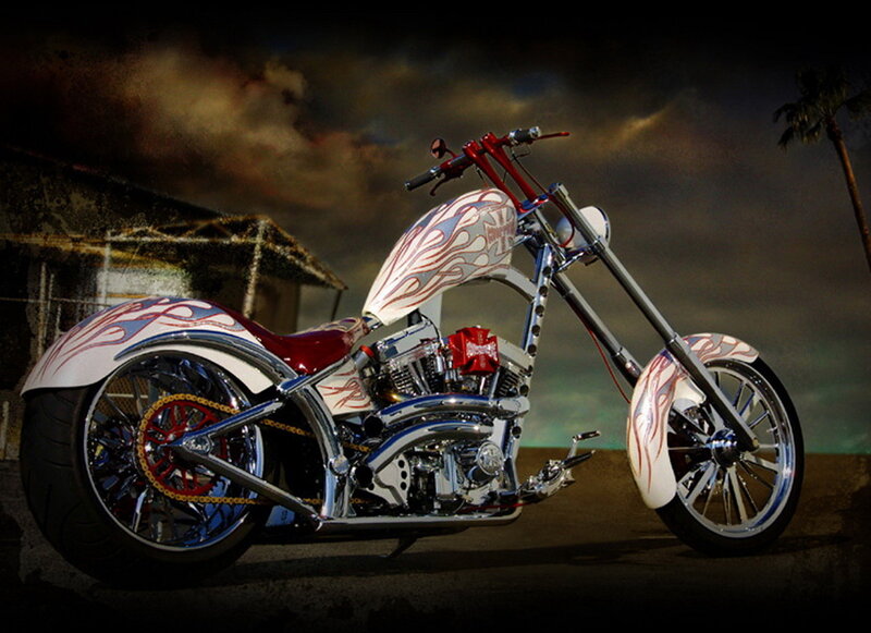 Custom Chopper Motorcycle — White, Dramatic, Night