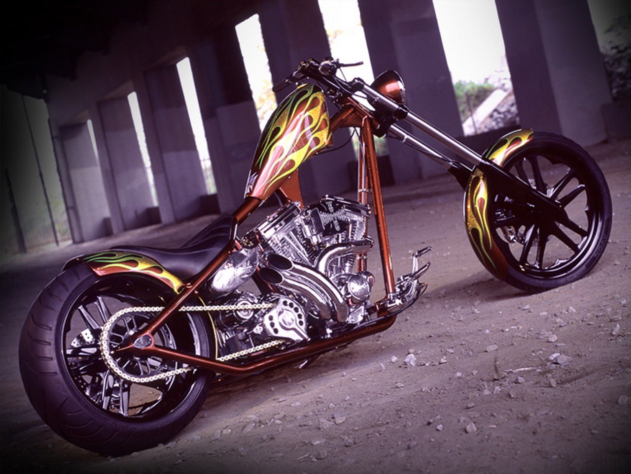 Custom chopper motorcycle with flames