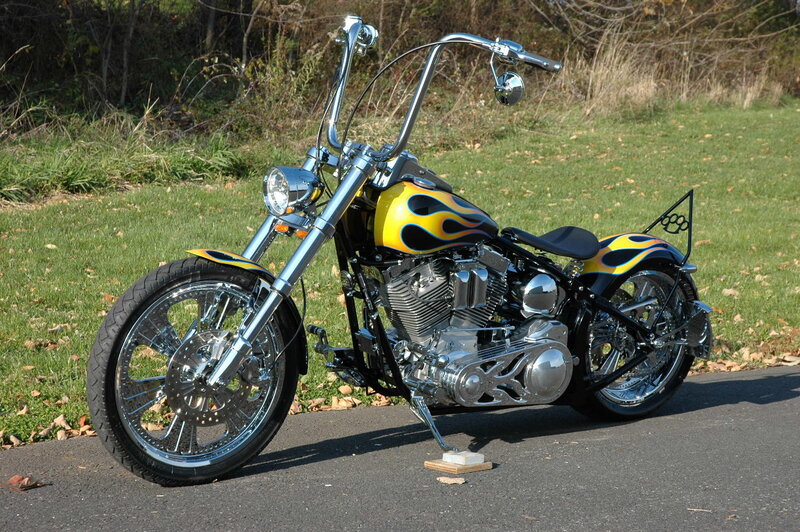 custom chopper motorcycle with flames