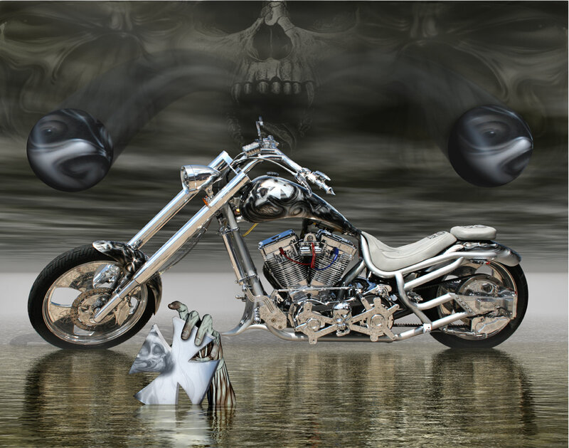 Custom chopper motorcycle with skull art