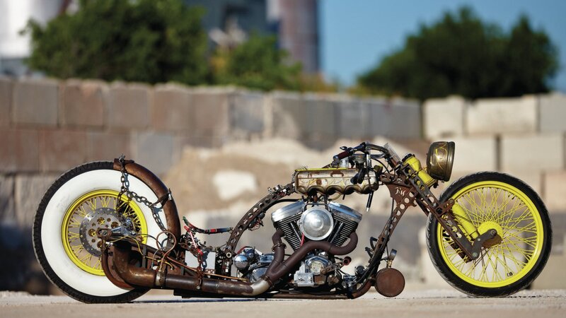 Custom Chopper Motorcycle — Yellow, Dramatic, Afternoon