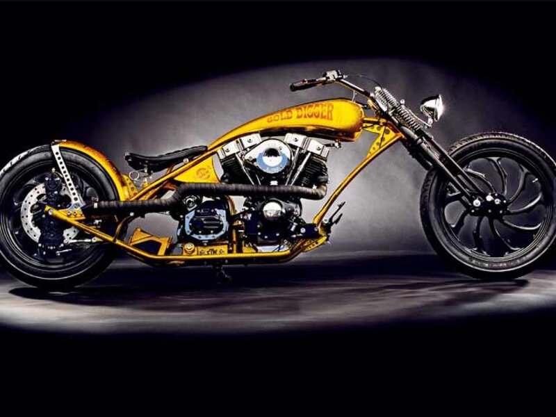 Custom Chopper Motorcycle — Yellow, Dramatic, Photograph