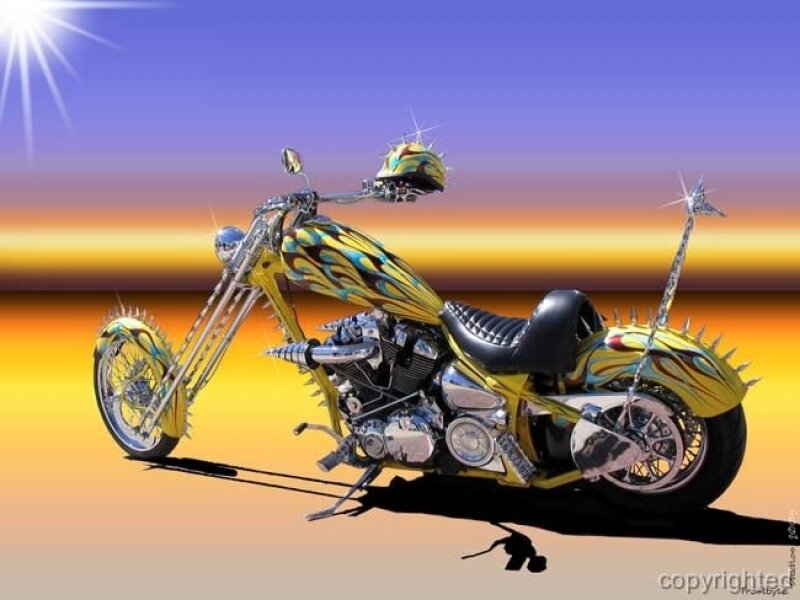 Custom Chopper Motorcycle — Yellow, Dramatic, Sunset, Digital Art