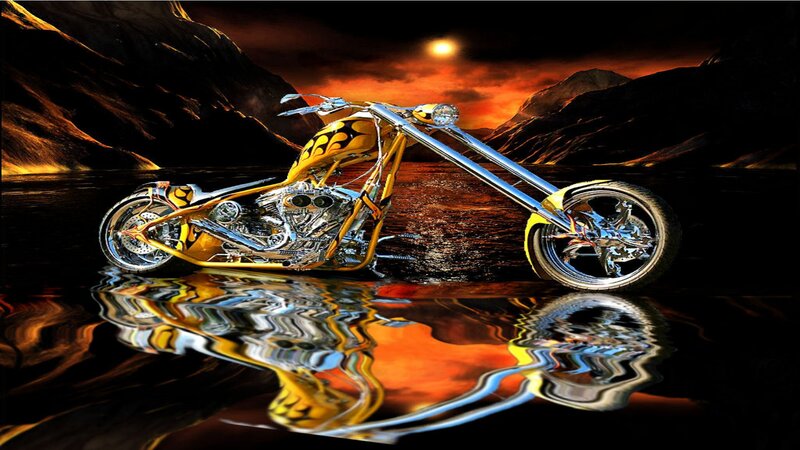 Custom Chopper Motorcycle — Yellow, Dramatic, Sunset