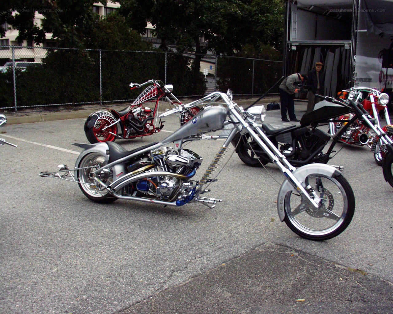 Custom chopper motorcycles on display