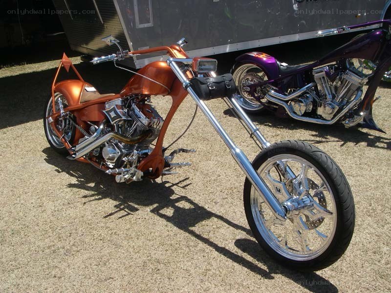 Custom chopper motorcycles on display
