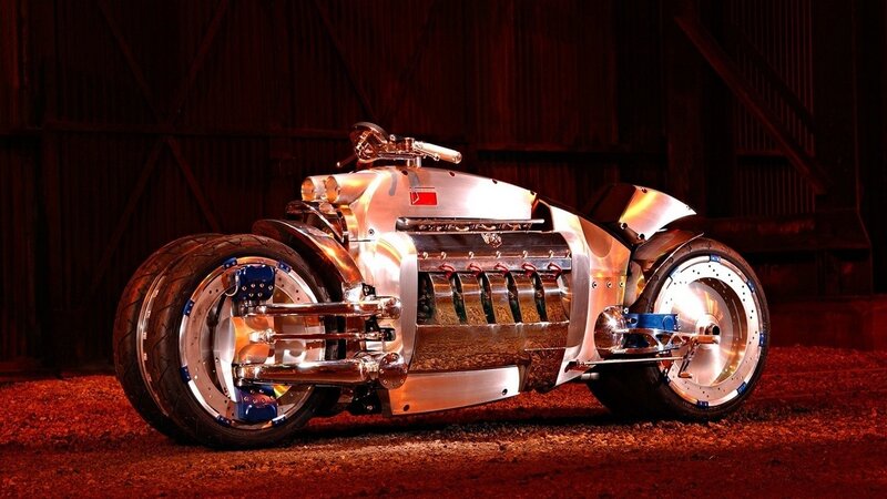 Custom Chrome Motorcycle — Silver, Dramatic, Photograph