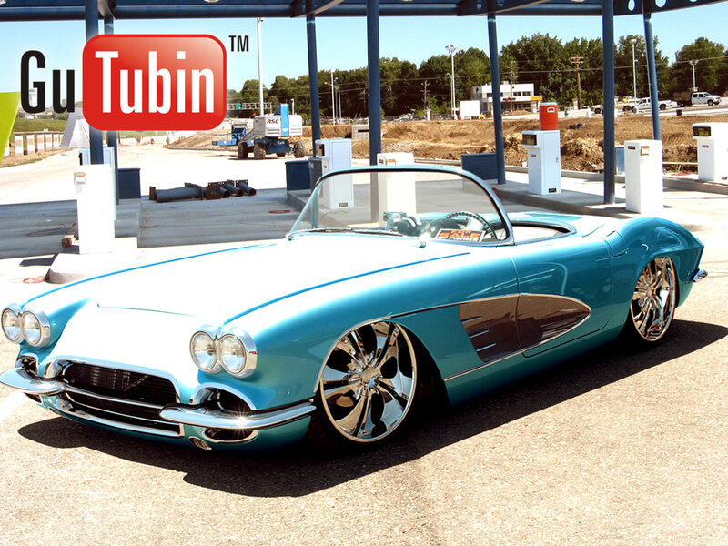 Custom classic car at gas station
