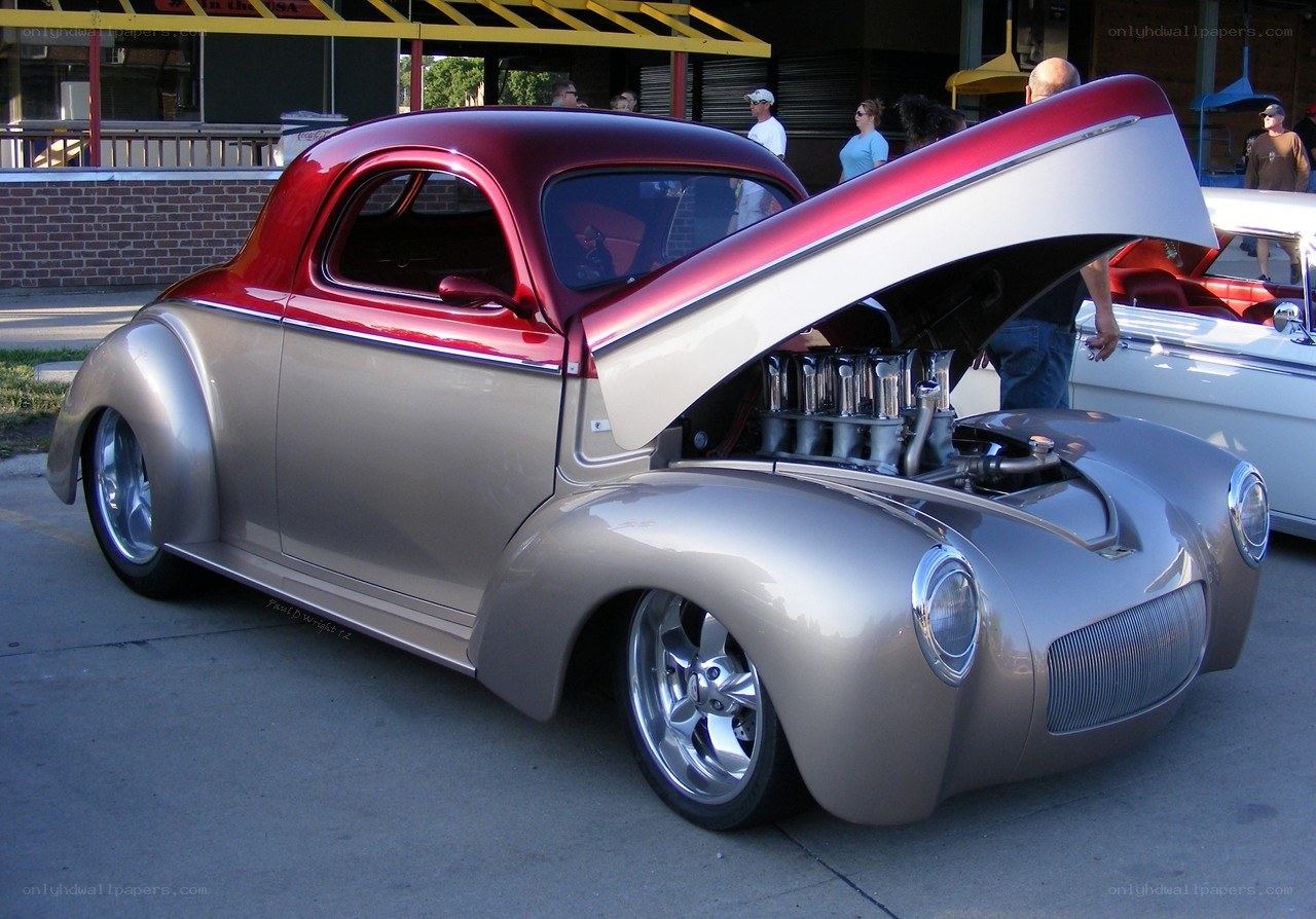 Custom classic car with open hood