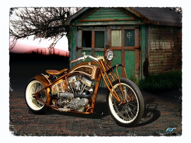 custom copper motorcycle in front of shed
