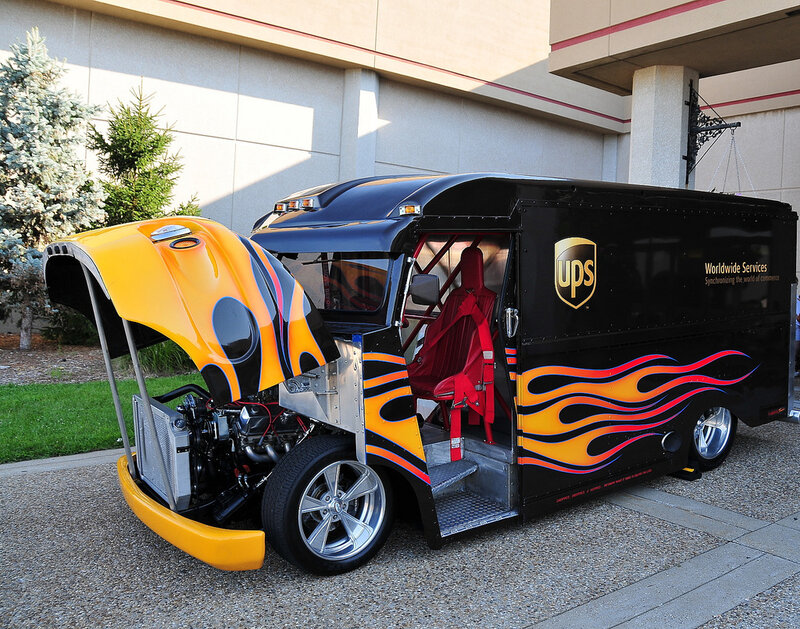 Custom flame-decorated UPS truck