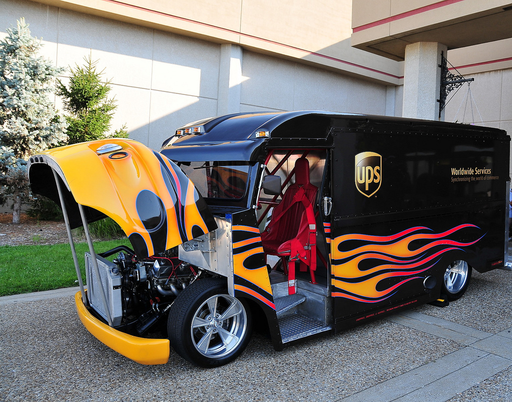 Custom flame-decorated UPS truck