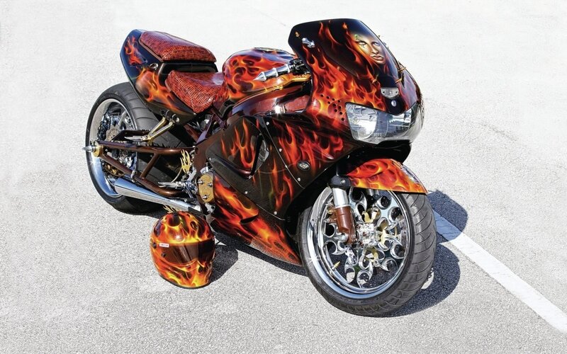 Custom Flame Motorcycle — Red, Dramatic, Afternoon