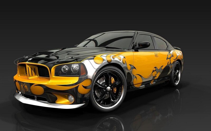 Custom Flame-painted Car — Yellow, Dramatic, 3d Render